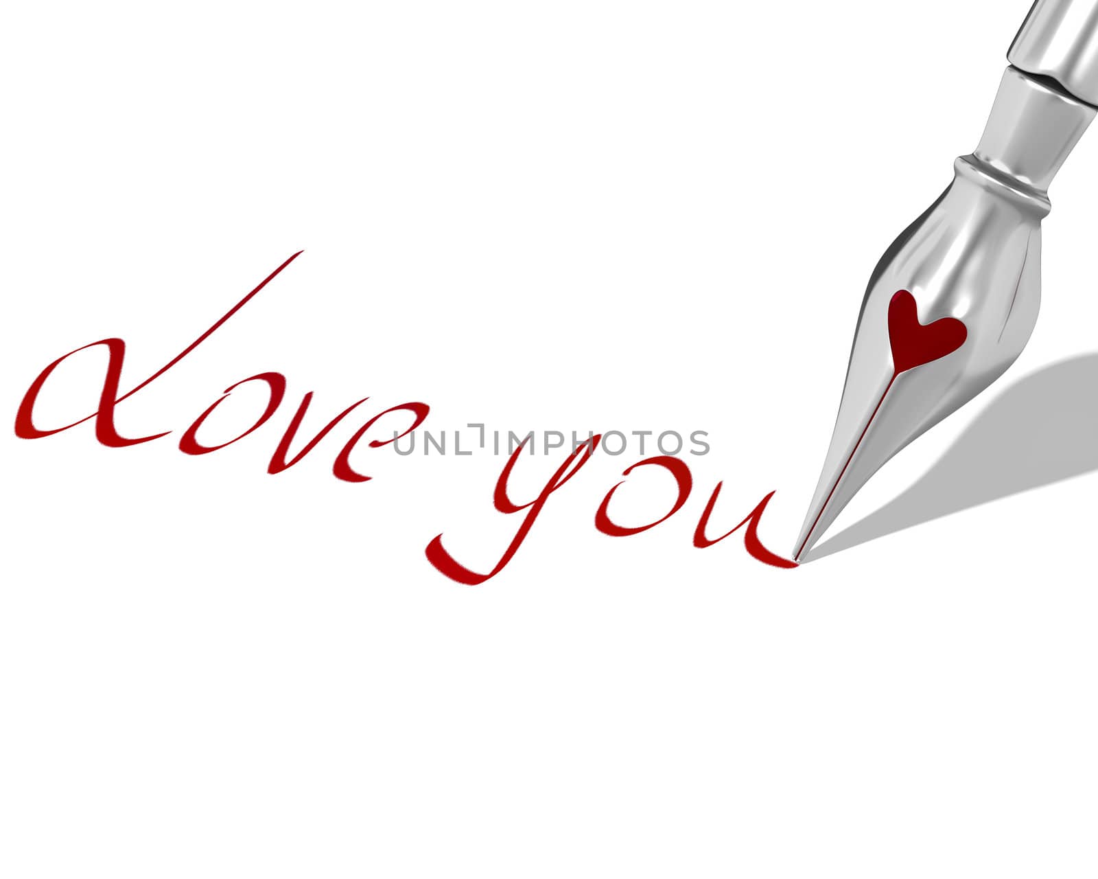 Ink pen nib with heart writes "Love you" isolated on white background