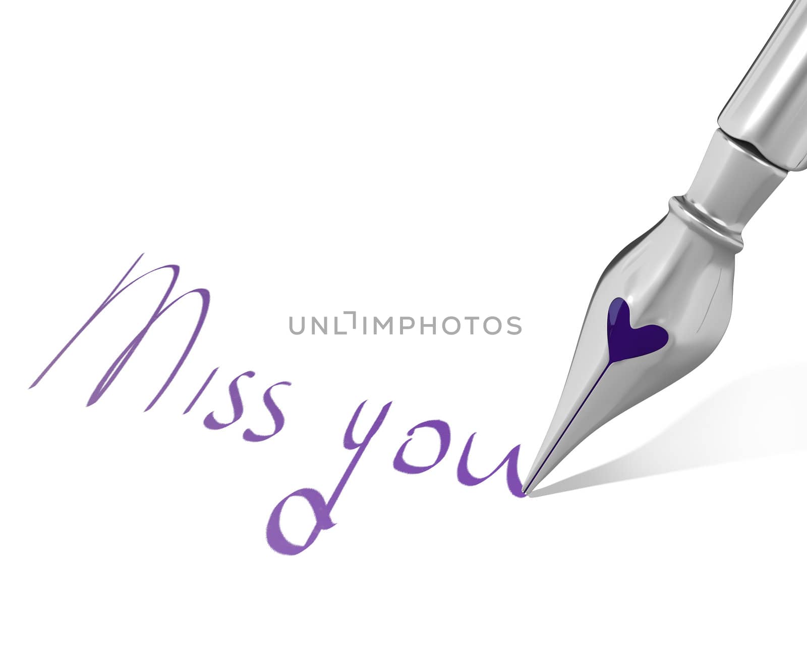 Ink pen nib with heart writes "Miss you" isolated on white background
