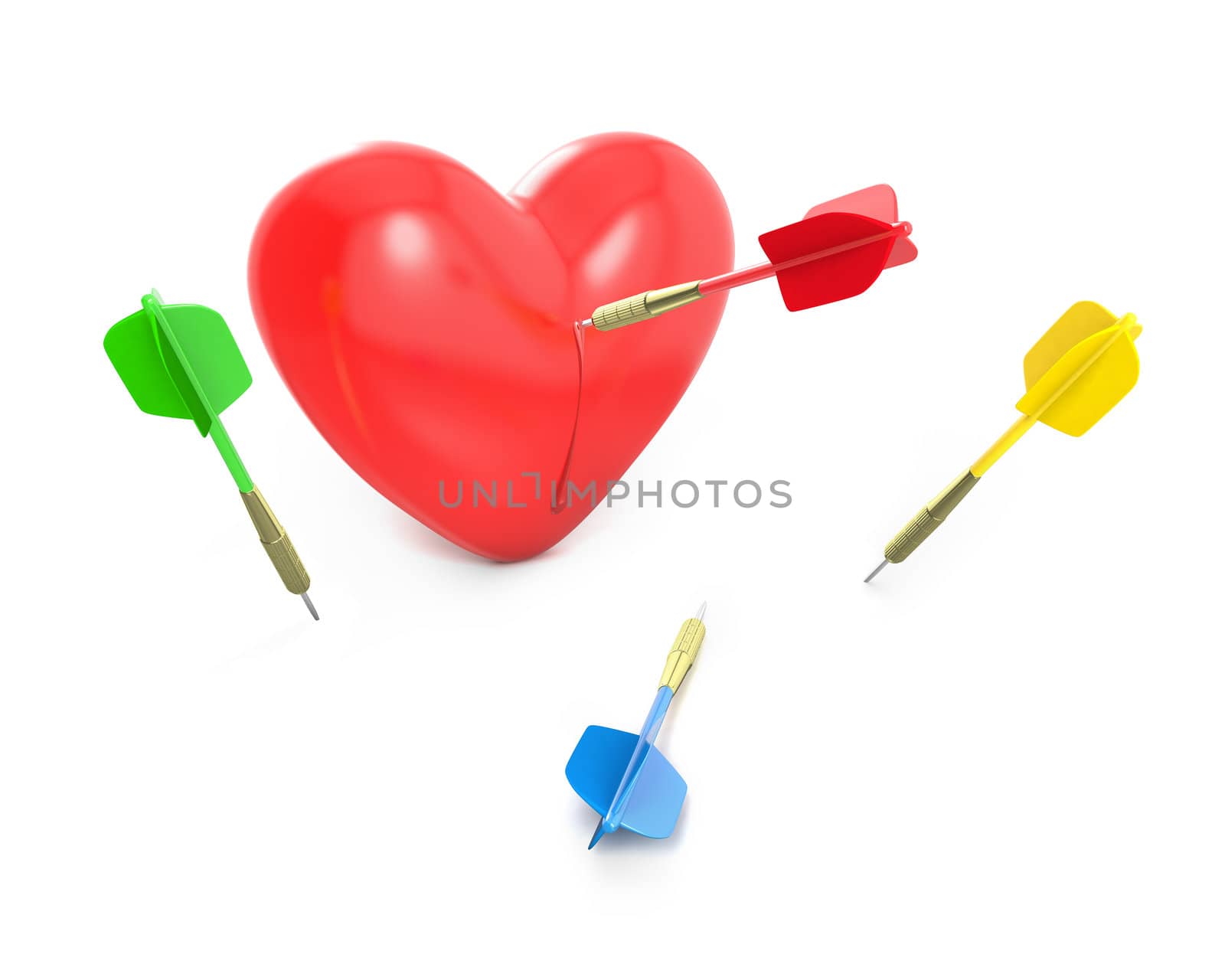 One dart hit the red heart, isolated on white background