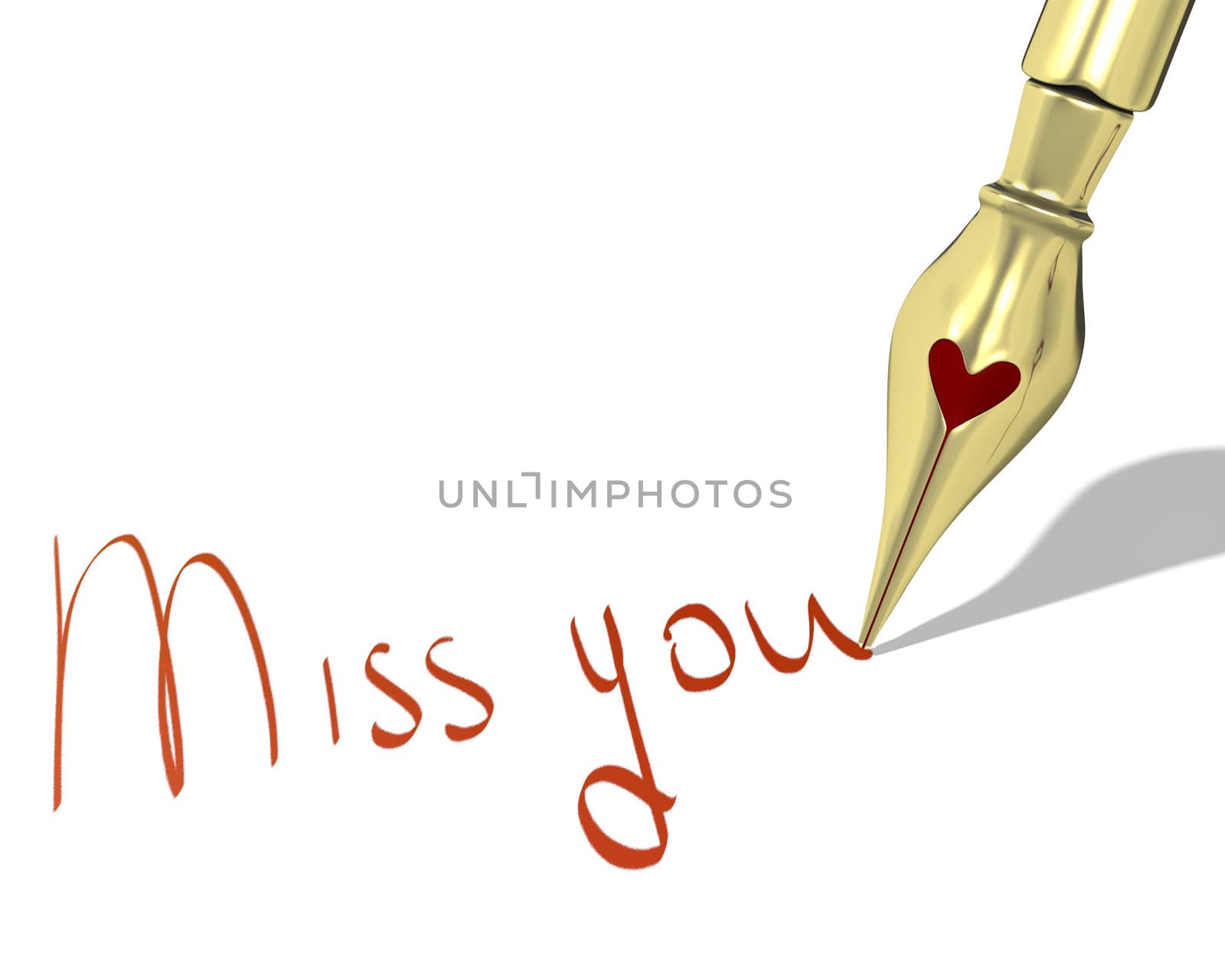 Ink pen nib with heart writes "Miss you" isolated on white background