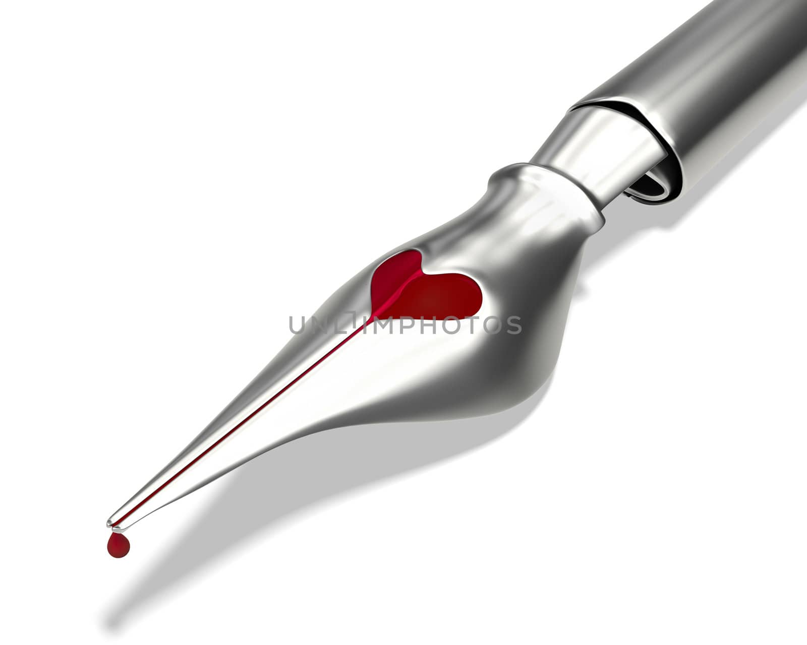 Metal ink pen nib with a heart shaped hole closeup  isolated on white background