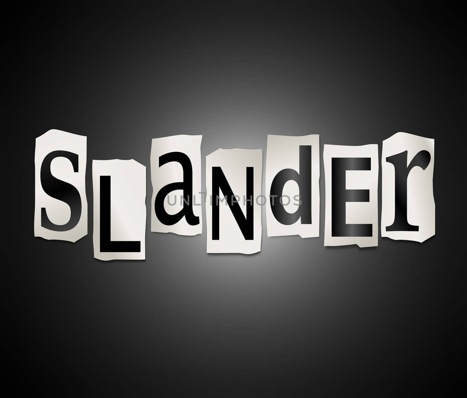 Illustration depicting cutout printed letters arranged to form the word slander.