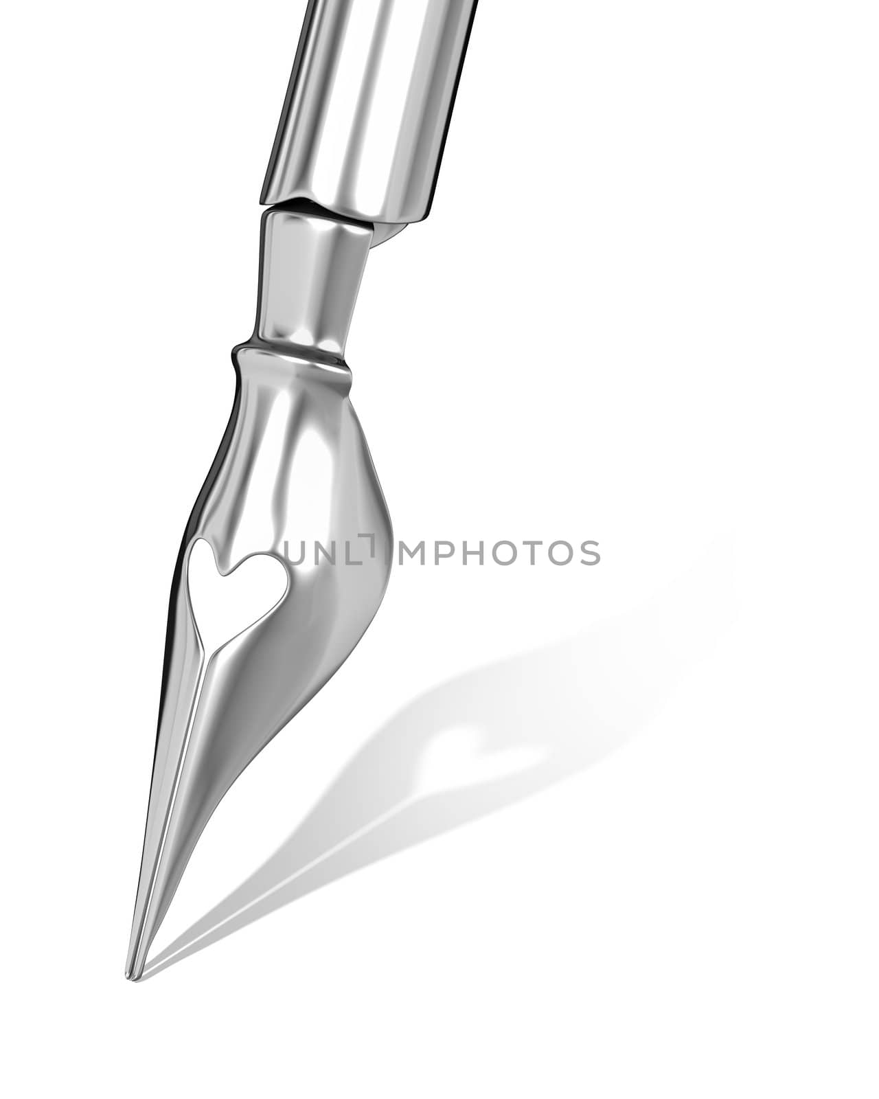 Metal ink pen nib with a heart shaped hole isolated on white background