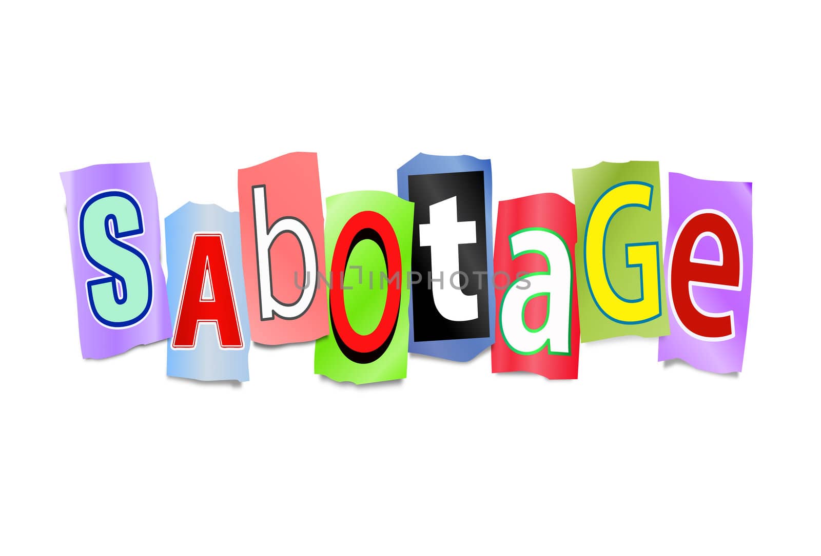 Illustration depicting cutout printed letters arranged to form the word sabotage.