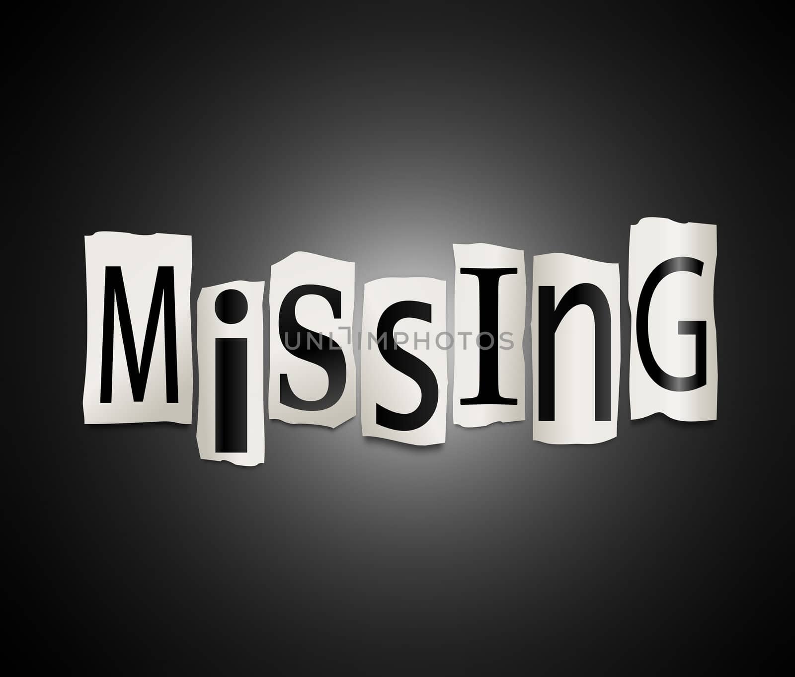 Illustration depicting cutout printed letters arranged to form the word missing.