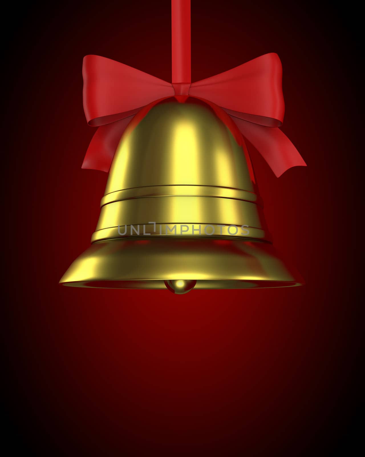 Christmas bell with red ribbon on red gradient background