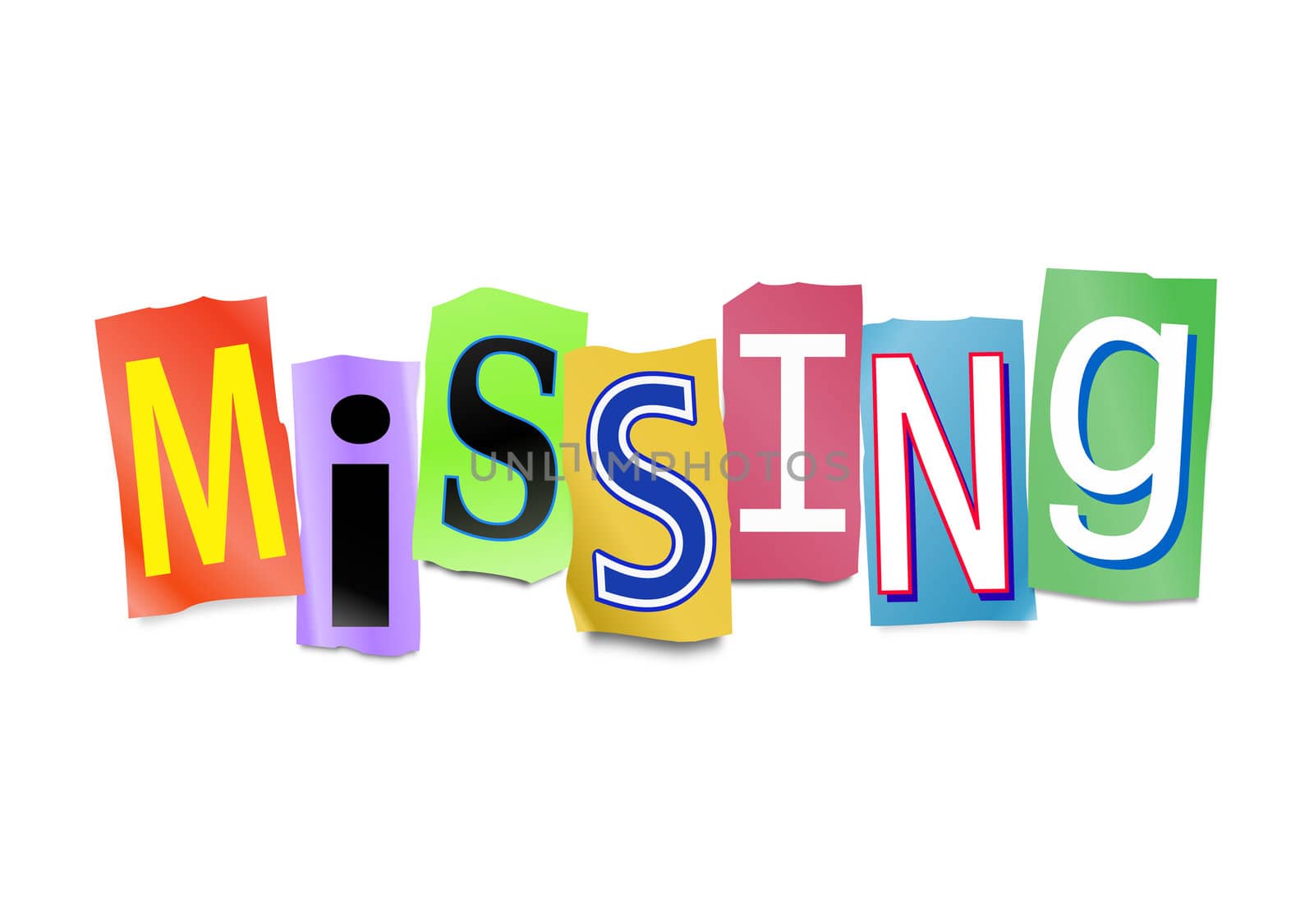 Illustration depicting cutout printed letters arranged to form the word missing.