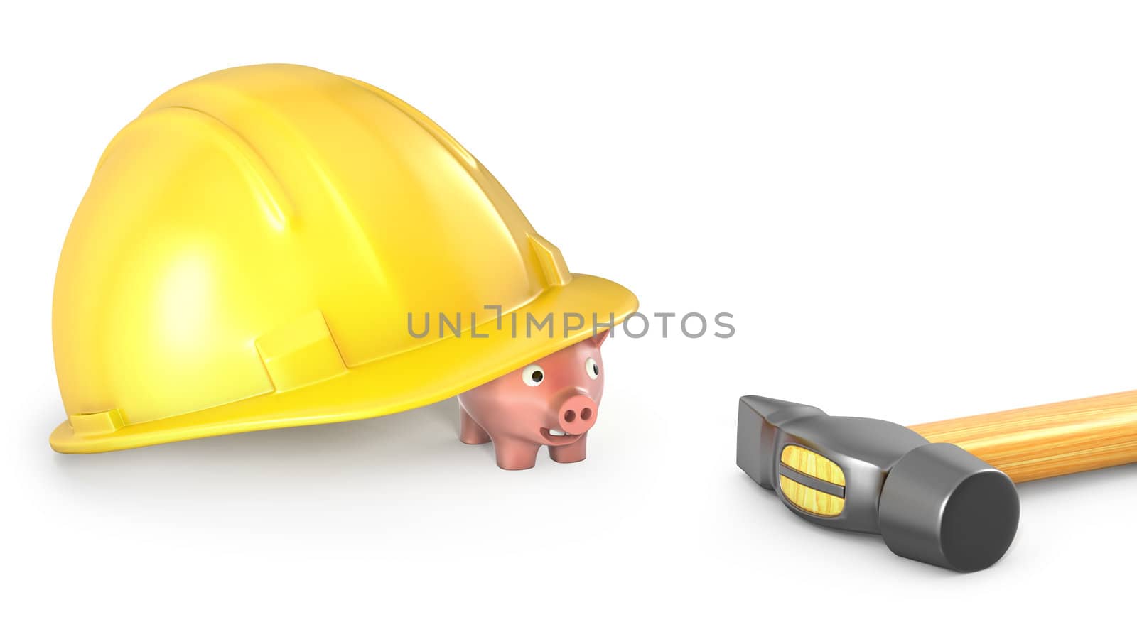Piggy bank looks out of large helmet, isolated on white background