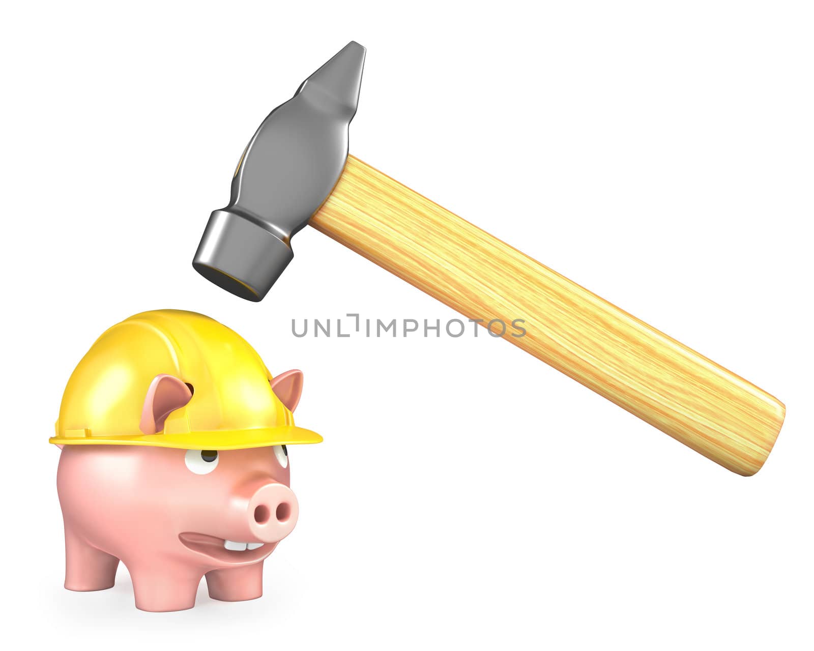 Piggy bank in yellow helmet under large hammer, isolated on white background