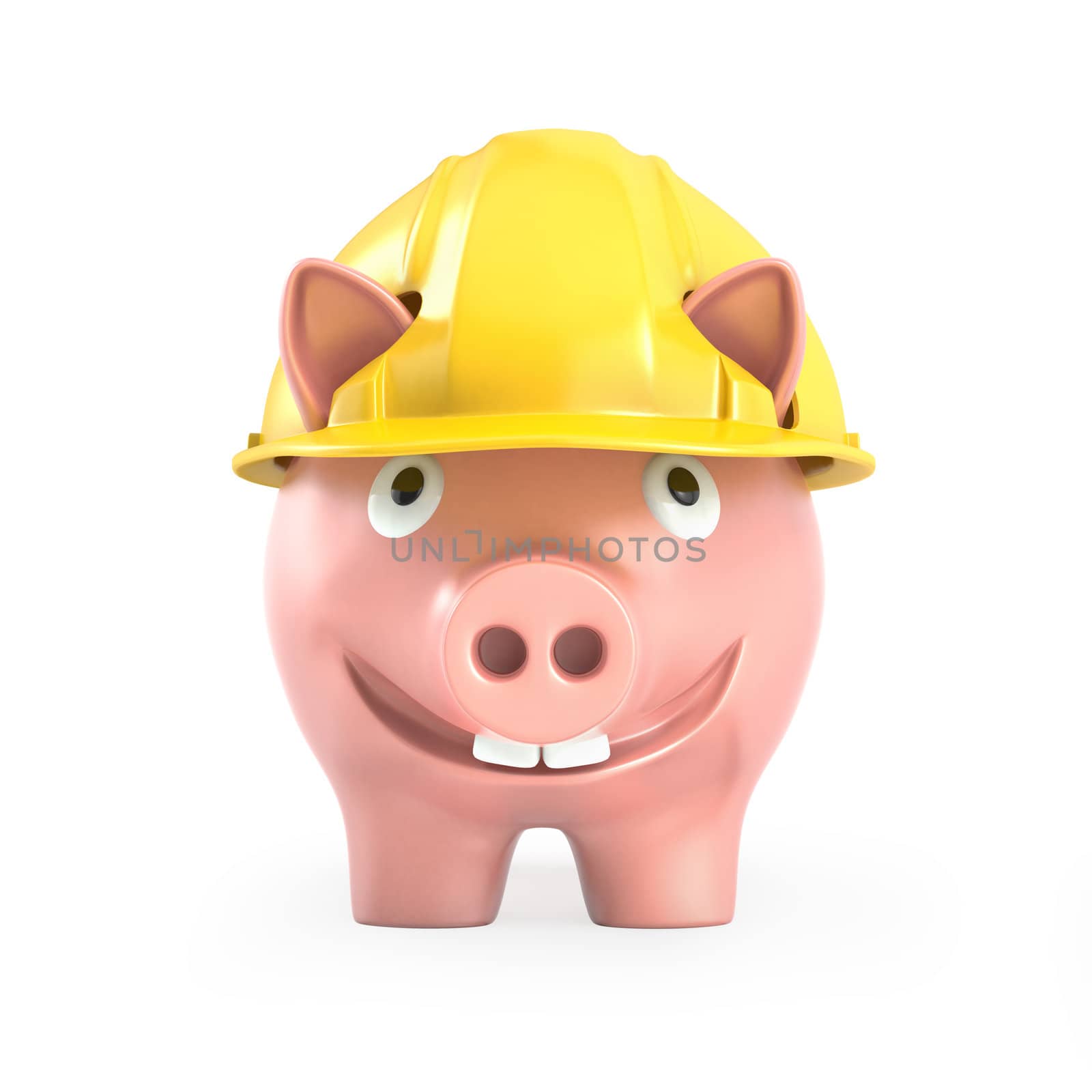 Piggy bank wears yellow helmet, front view isolated on white background