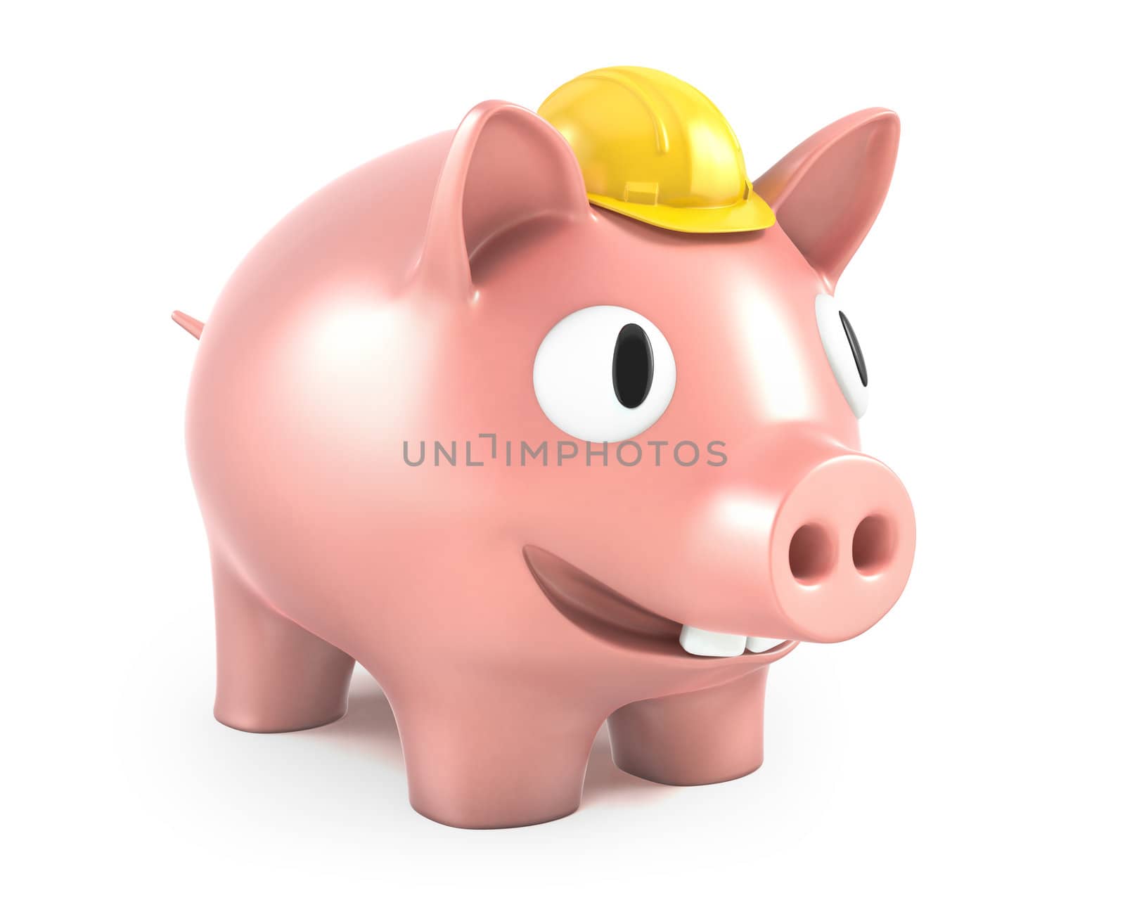 Piggy bank wears small yellow helmet, isolated on white background