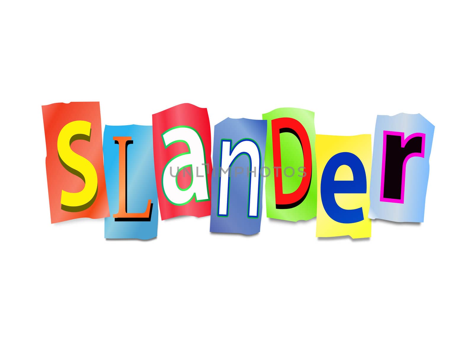Illustration depicting cutout printed letters arranged to form the word slander.