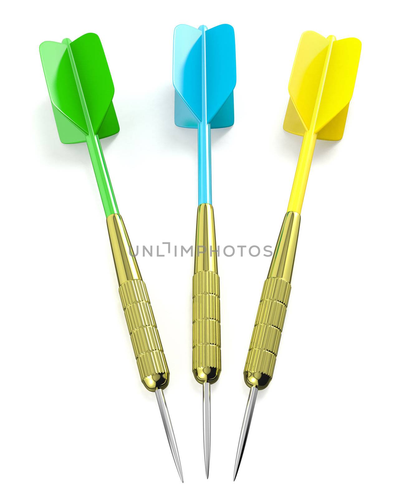 Three darts arrows, red, blue and yellow, isolated on white background