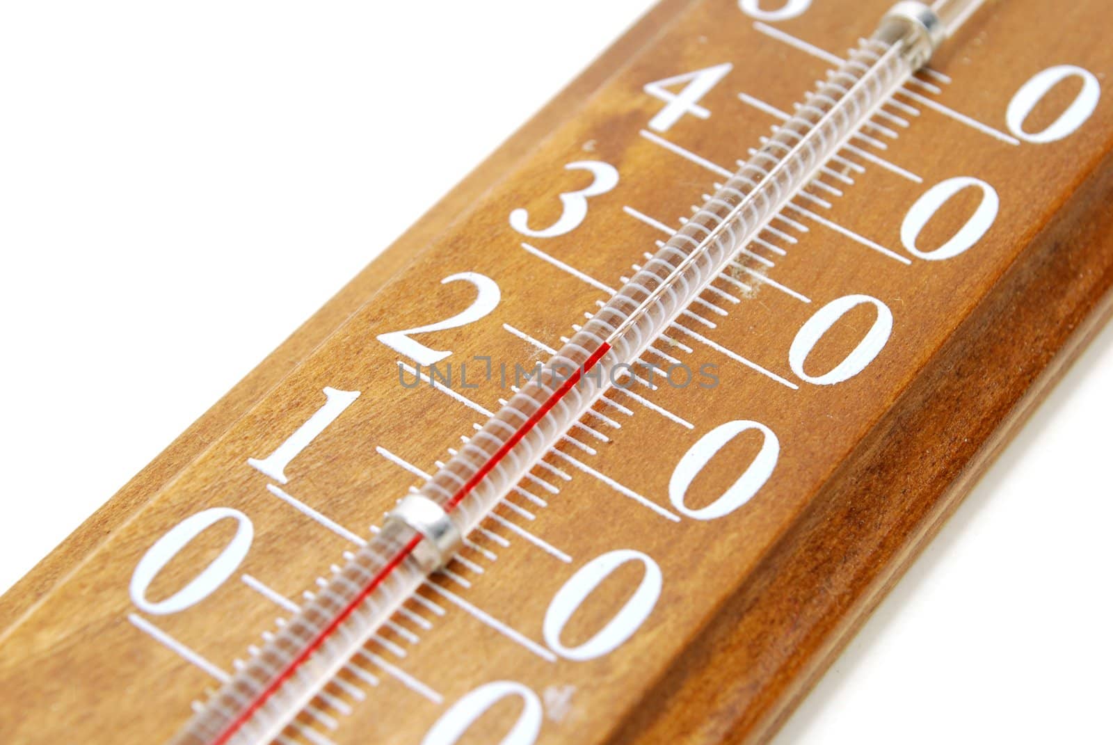 Closeup of Wooden Weather Thermometer Scale Isolated on White