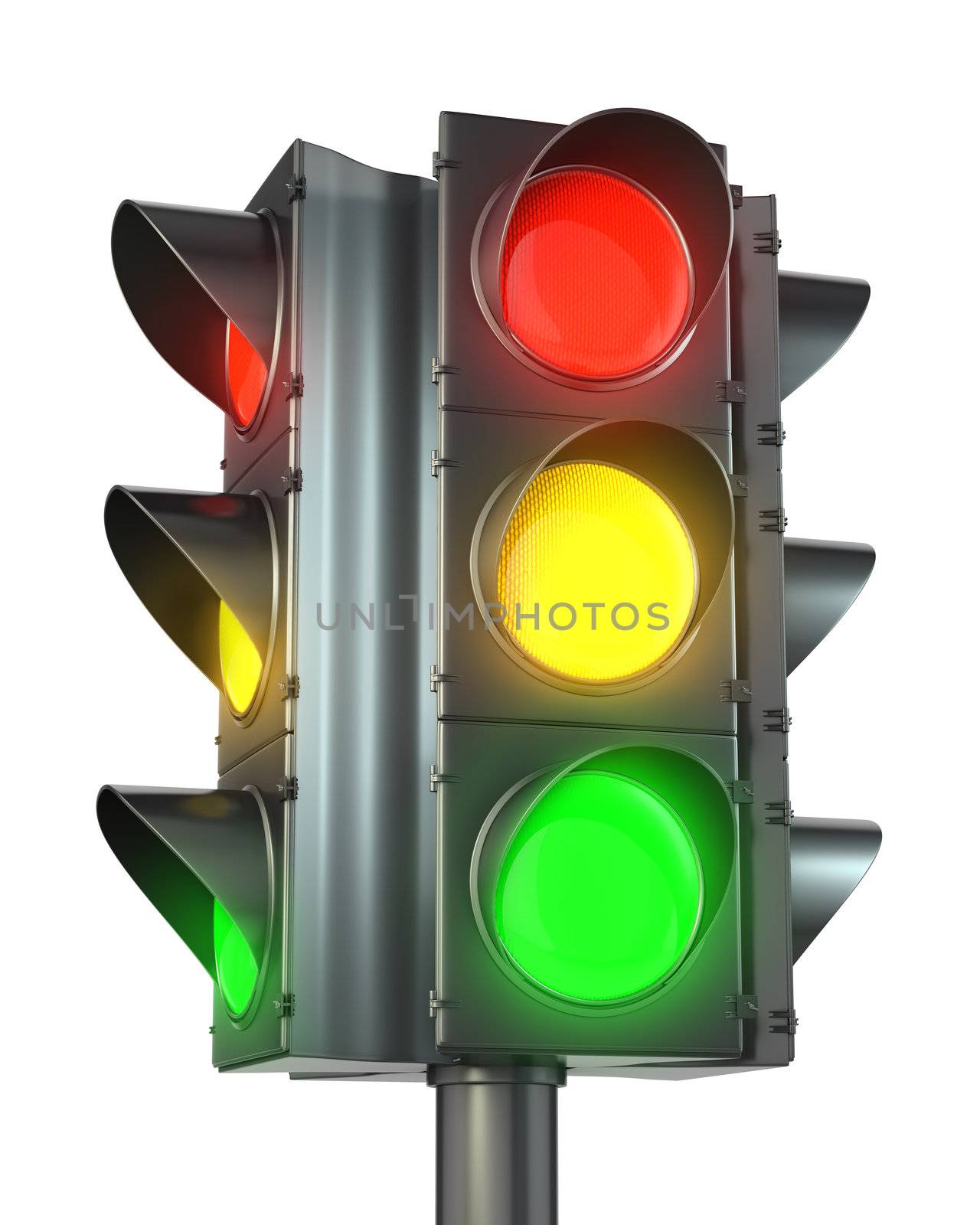 Four sided traffic light with red, yellow and green lights isolated on white background