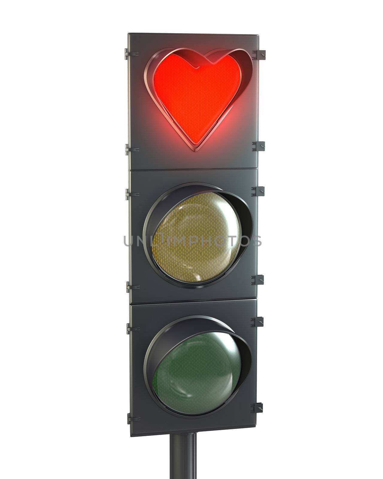 Traffic light with heart shaped red lamp isolated on white background