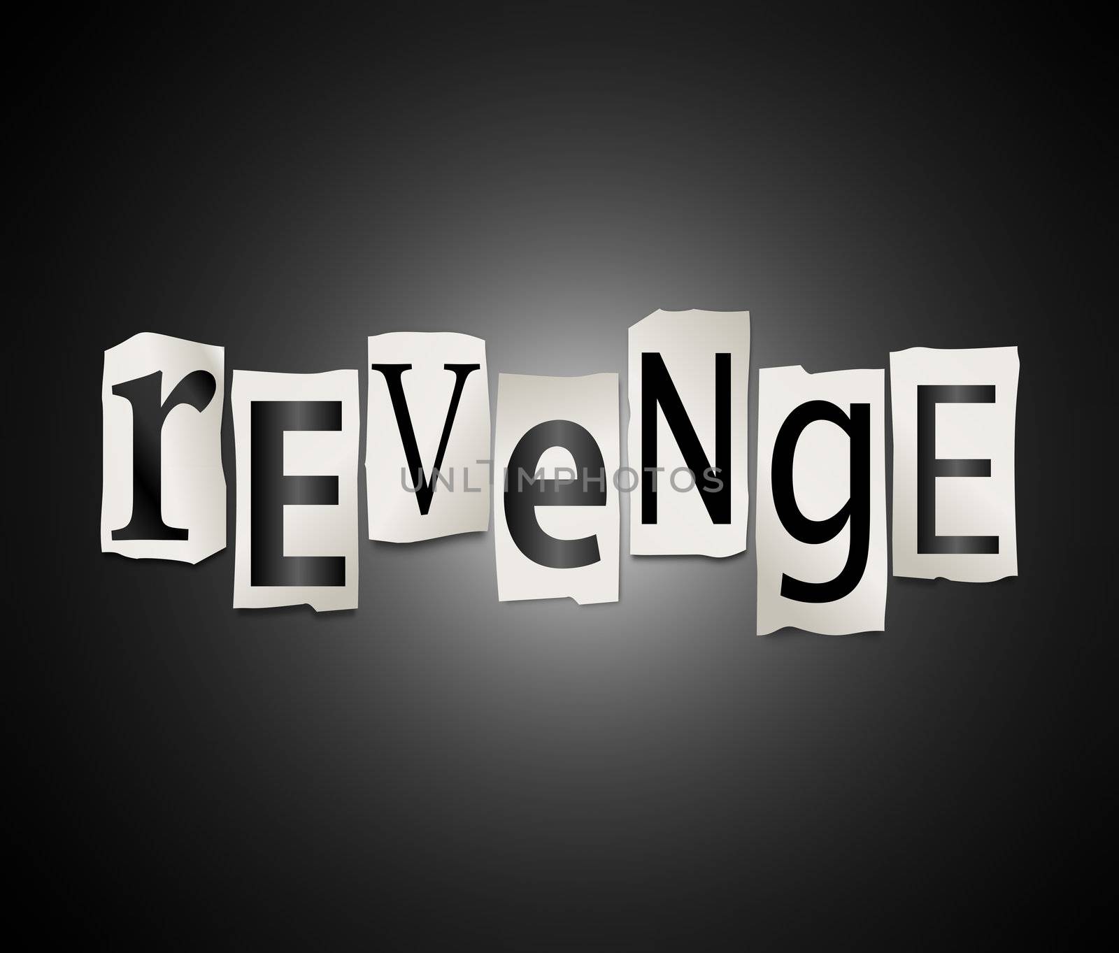 Illustration depicting cutout printed letters arranged to form the word revenge.