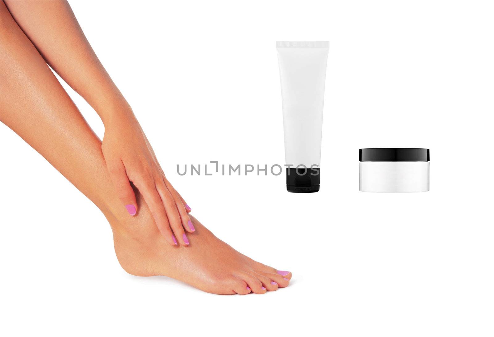 two bottles of cream and a beautiful leg women
