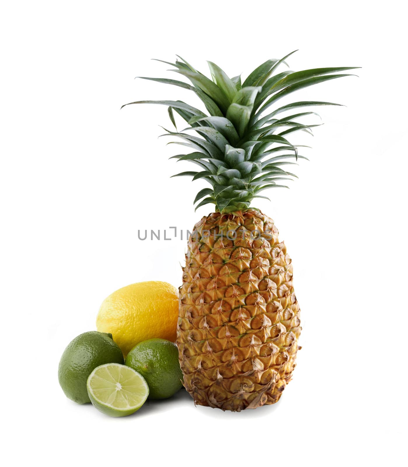 Pineapple and kiwi fruits isolated on white background