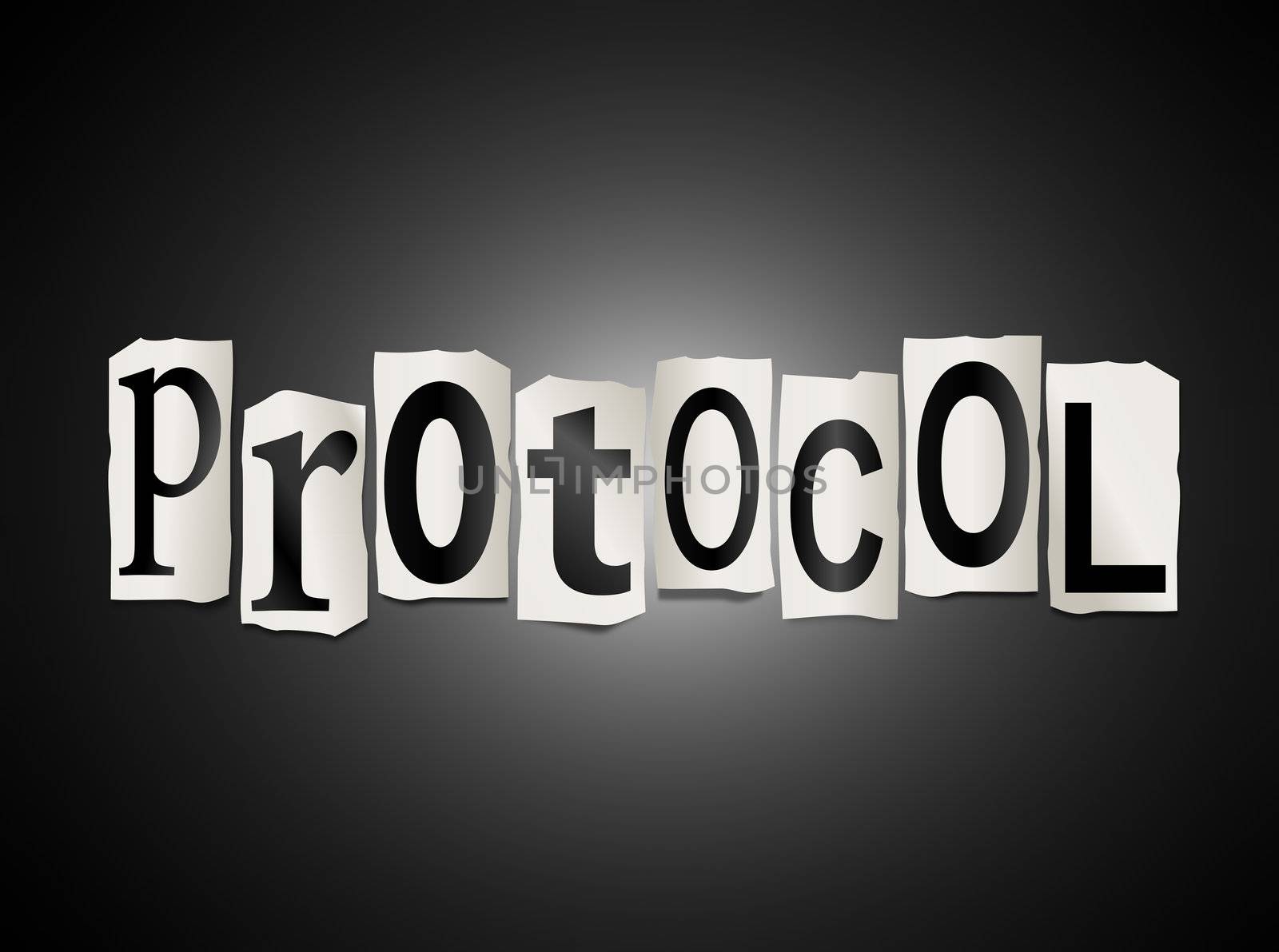 Illustration depicting cutout printed letters arranged to form the word protocol.