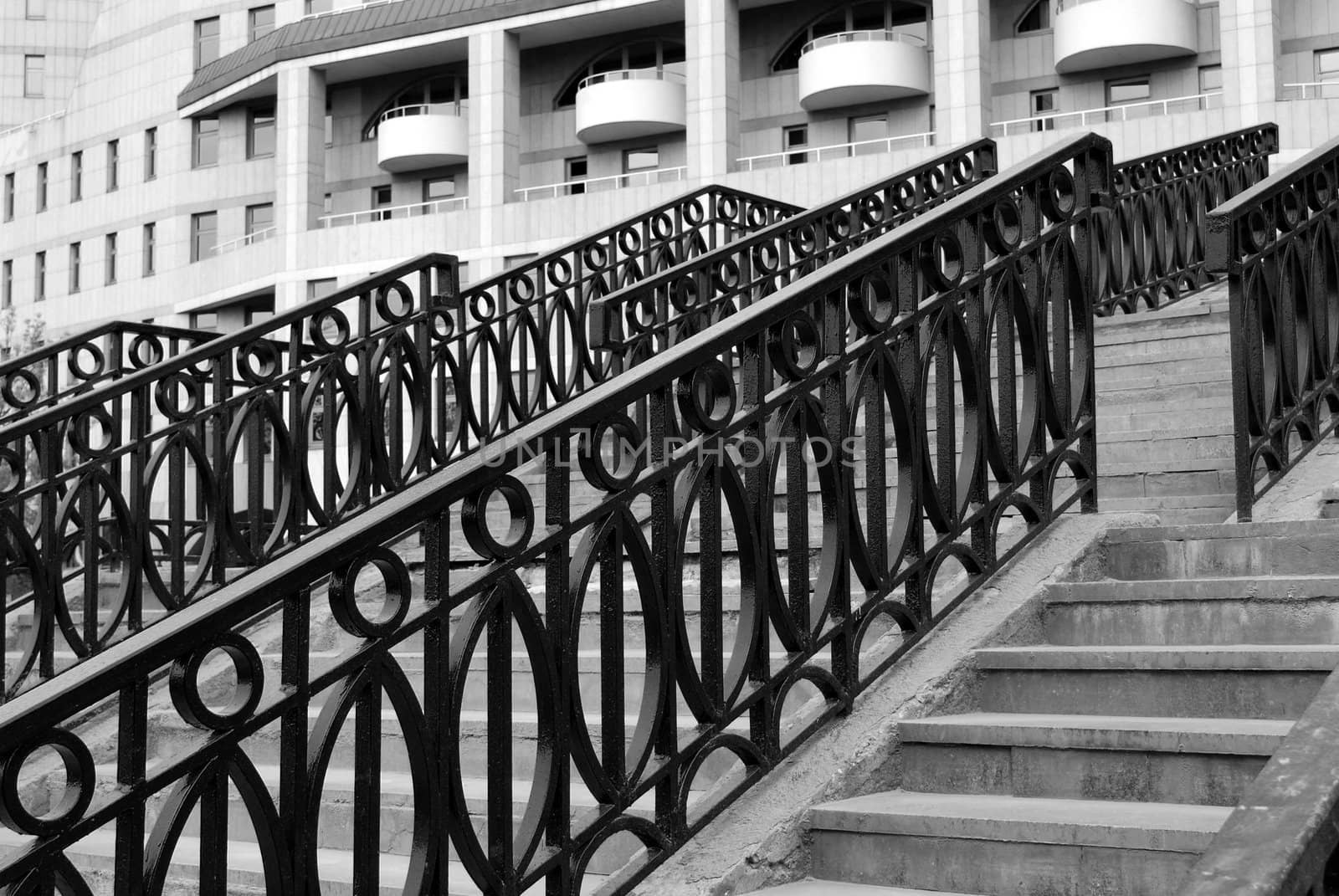 modern architecture. stairs with metal railing. horizontal version