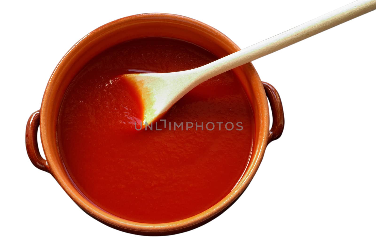 Terracotta pot and wooden spoon with tomato sauce with clipping  by Laborer