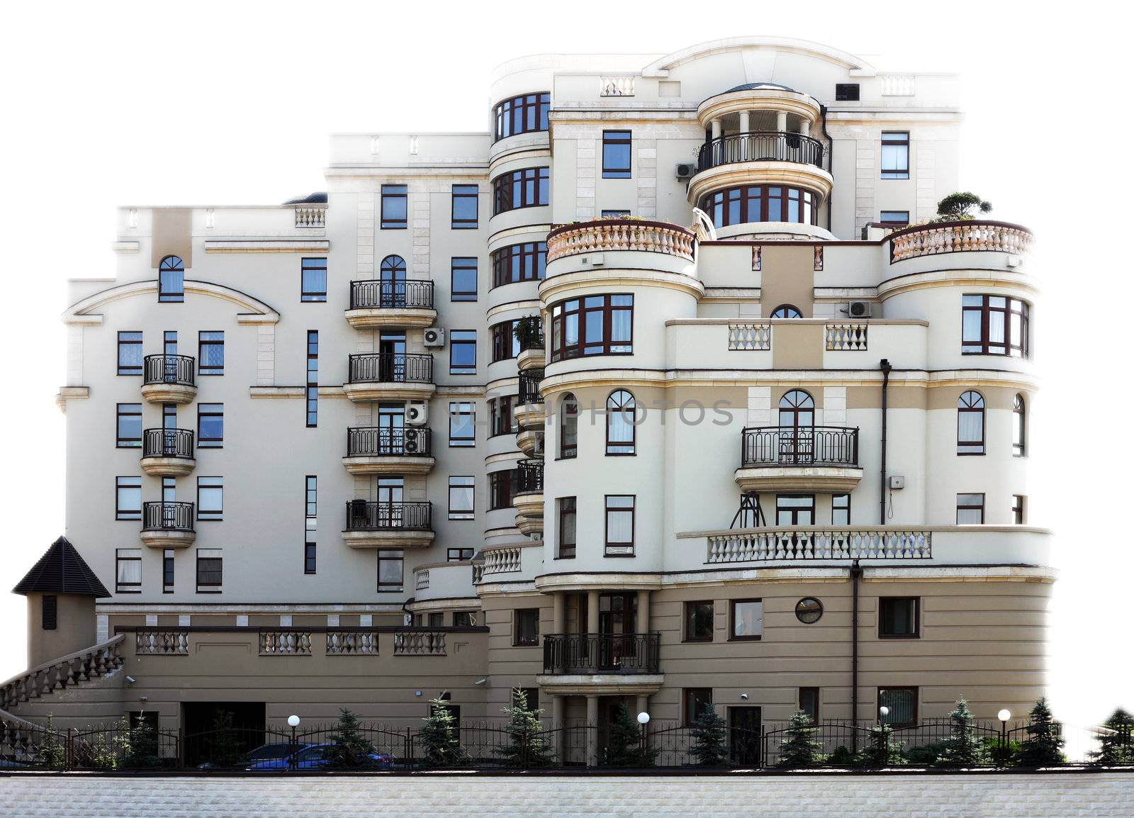 Modern high-altitude building of an apartment isolated in white