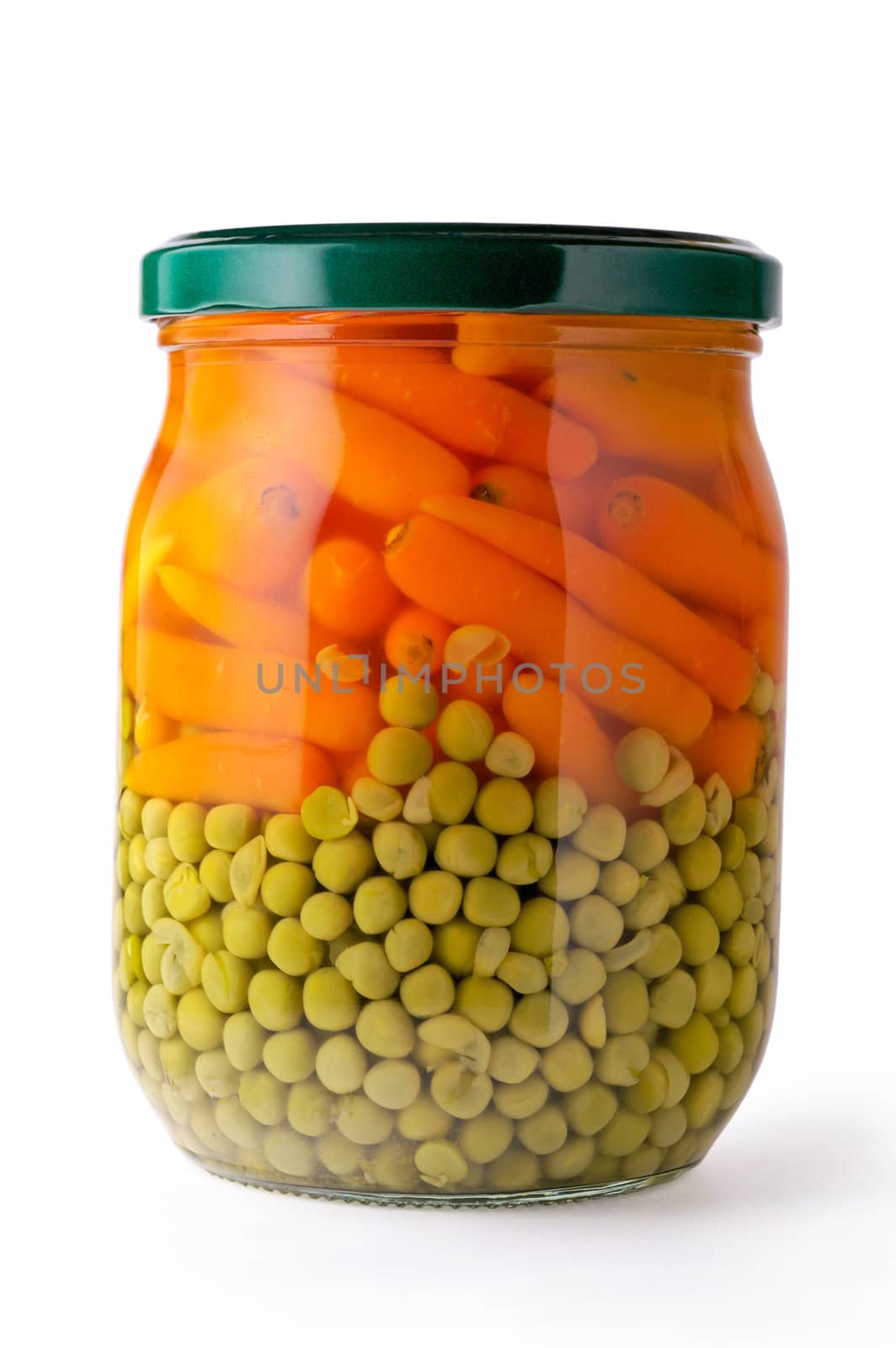 Glass jar of preserved peas and carrots  (vertical closeup) by Laborer