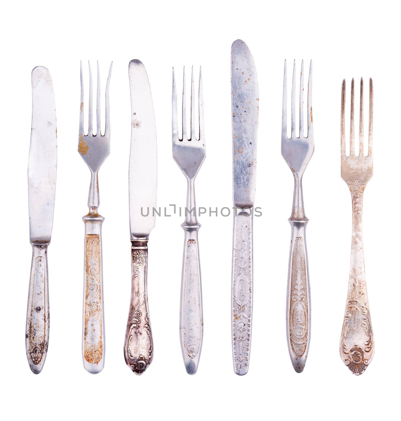 Set old cutlery, isolated on white