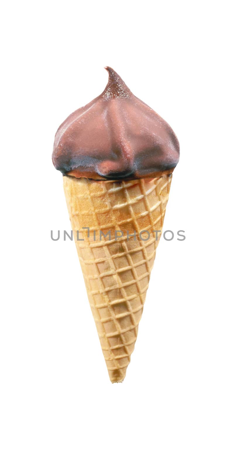 Chocolate ice cream in a sugar cone isolated on white background