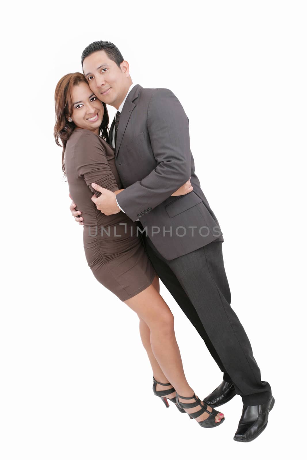Happy young beautiful smiling couple - isolated. Full-length portrait