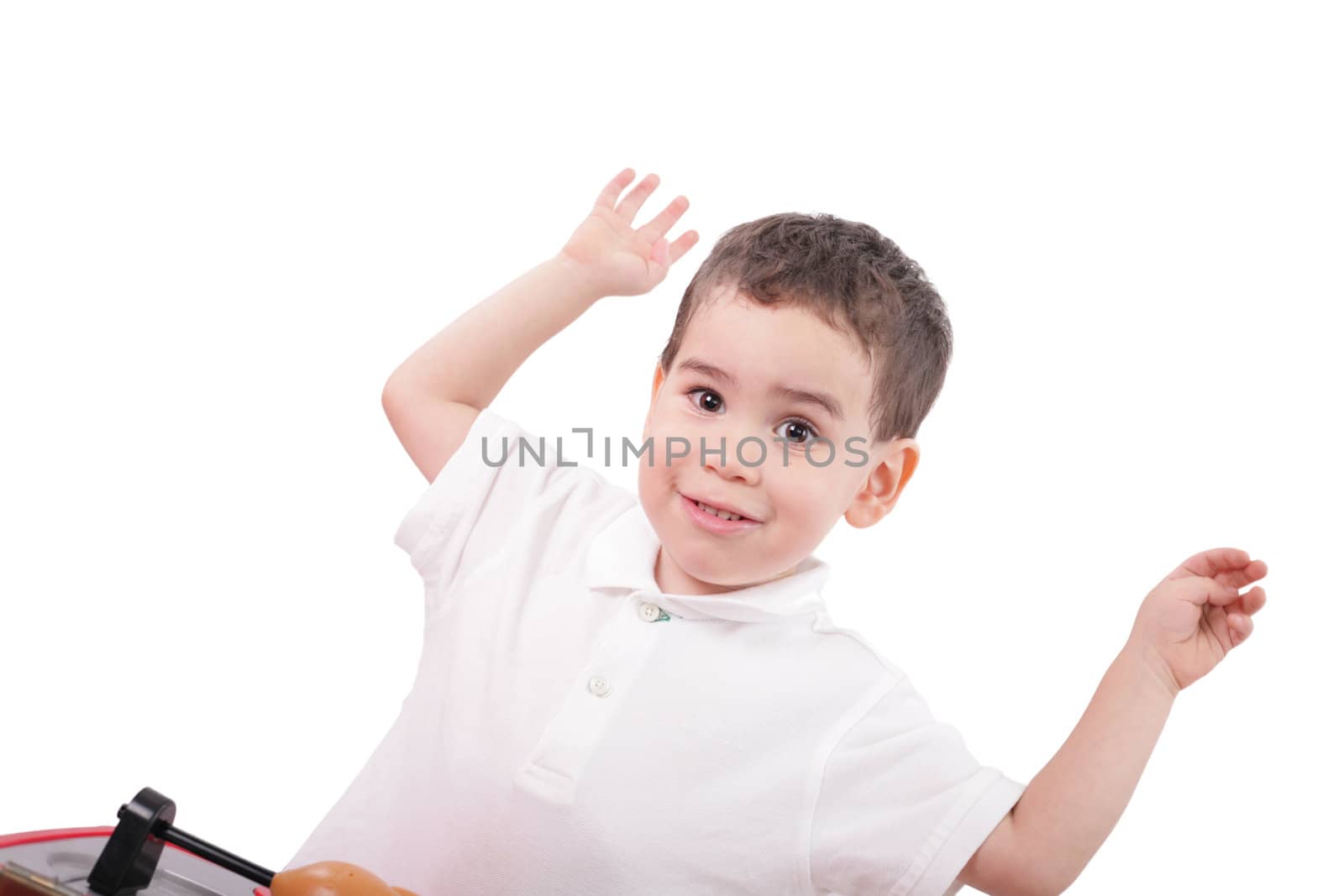 Portrait of happy little boy over white background