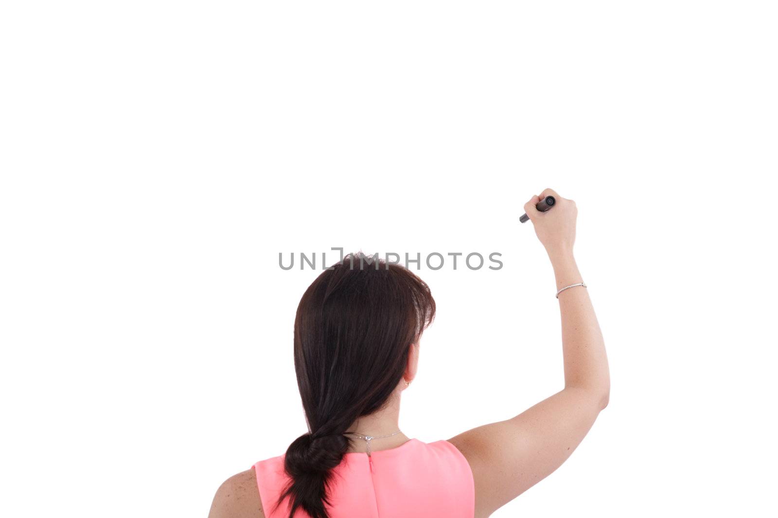 Rear view of corporate woman writing on copy space isolated on w by dacasdo