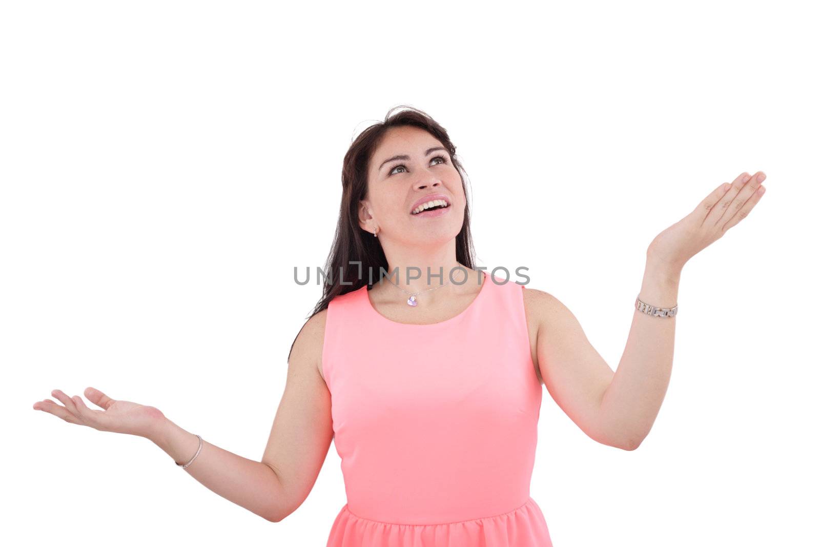 Shocked and excited woman looking up, isolated on white