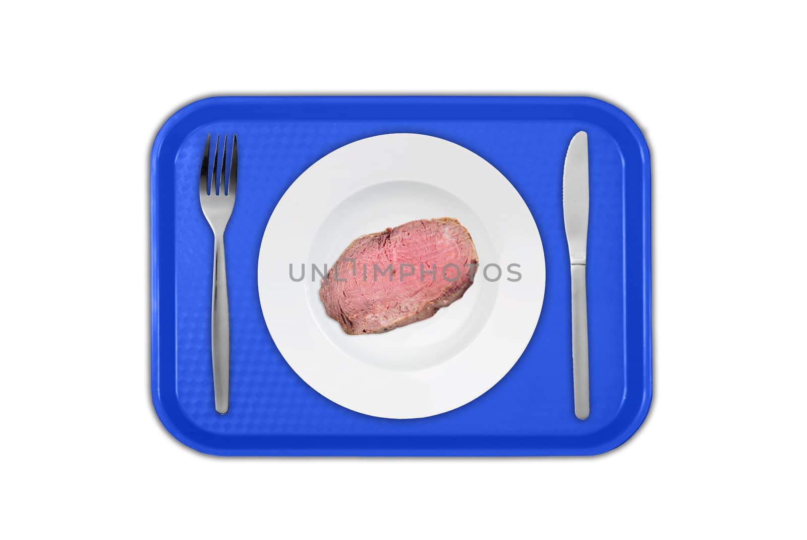 Cut sirloin beef on a plate with fork and knife