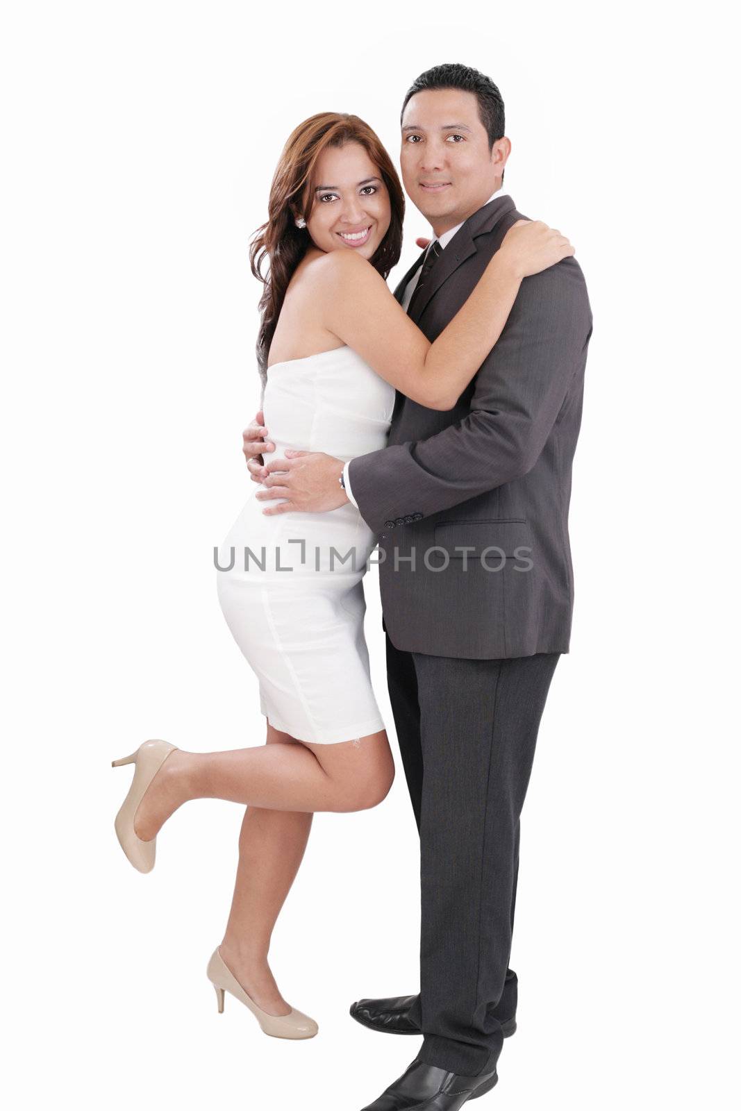 Young happy couple love smiling, standing full length portrait, looking at camera, isolated over white background