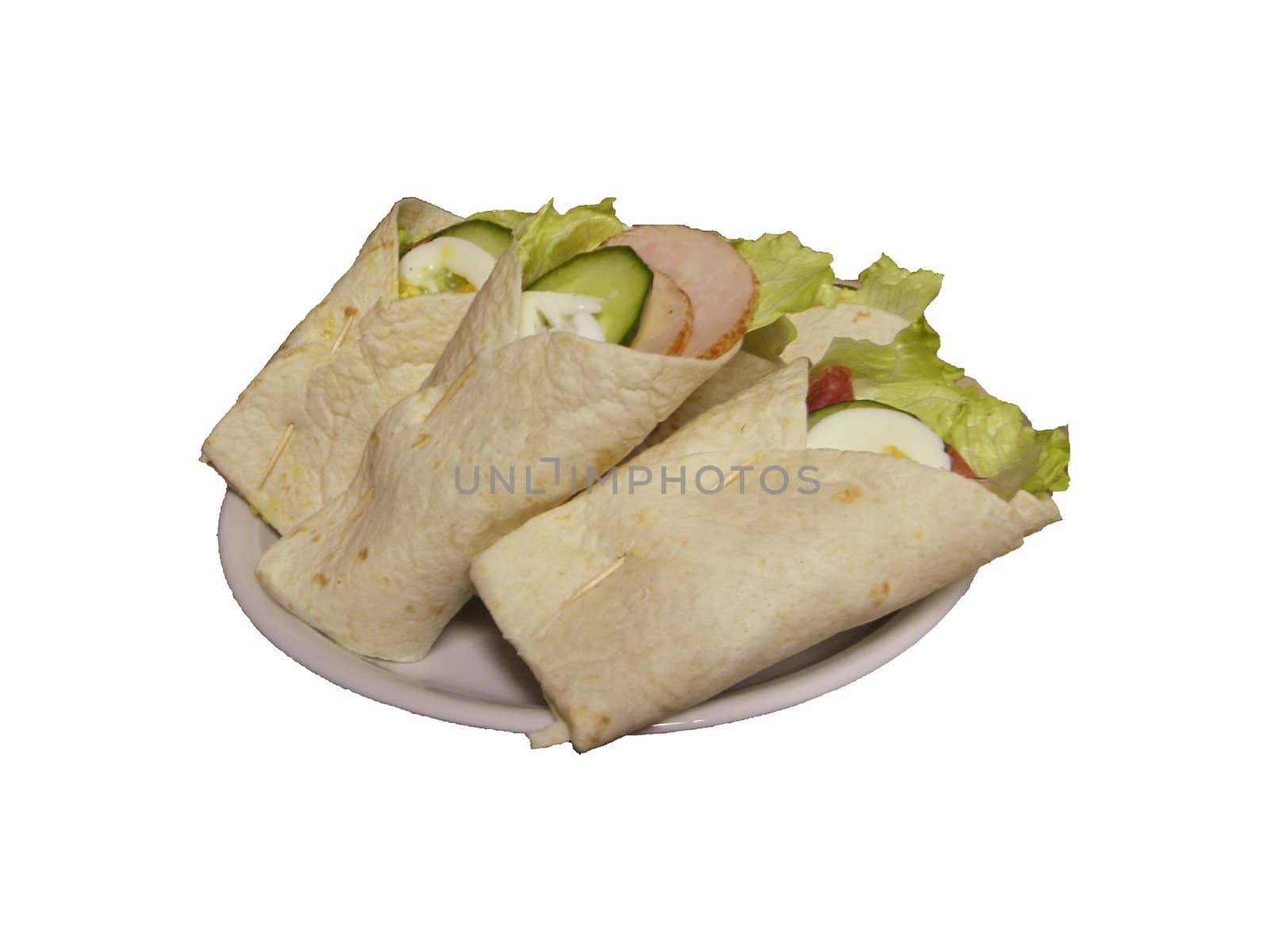 home-made wraps on a white plate. Provided free object.