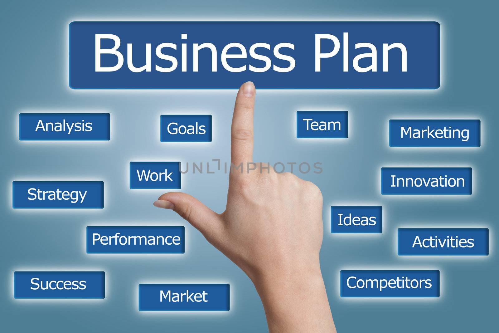 woman hand pressing business plan icon on blue background