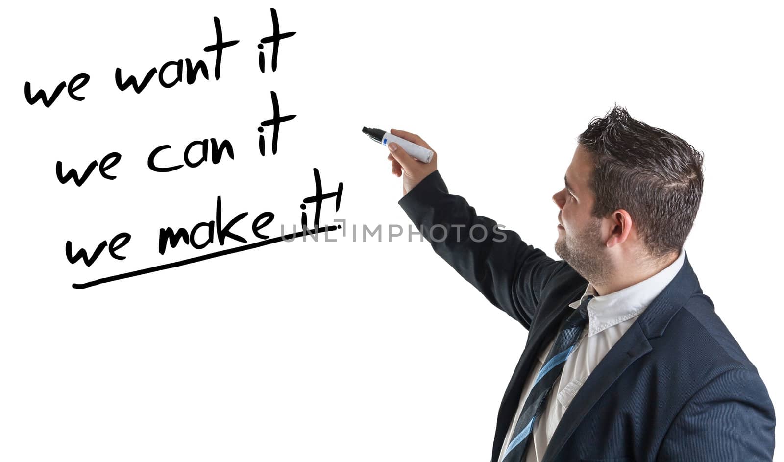 Businessman drawing an motivation concept on a whiteboard