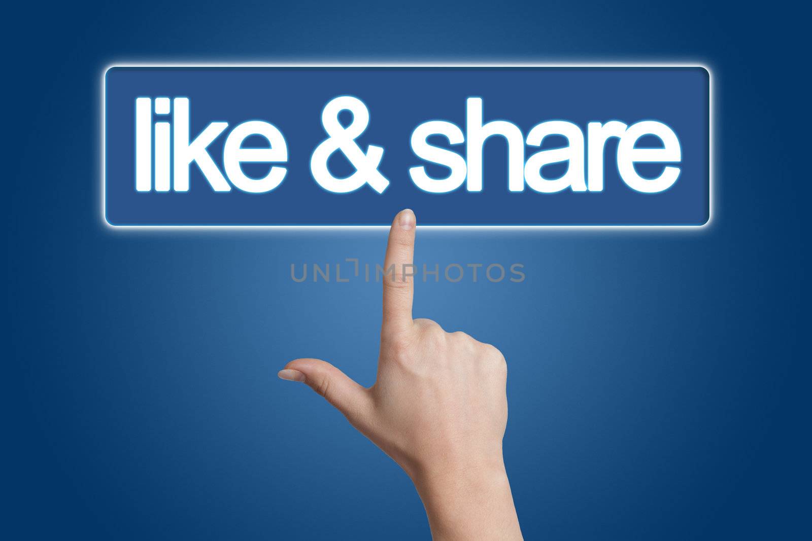 Hand pressing like & share button isolated on blue background