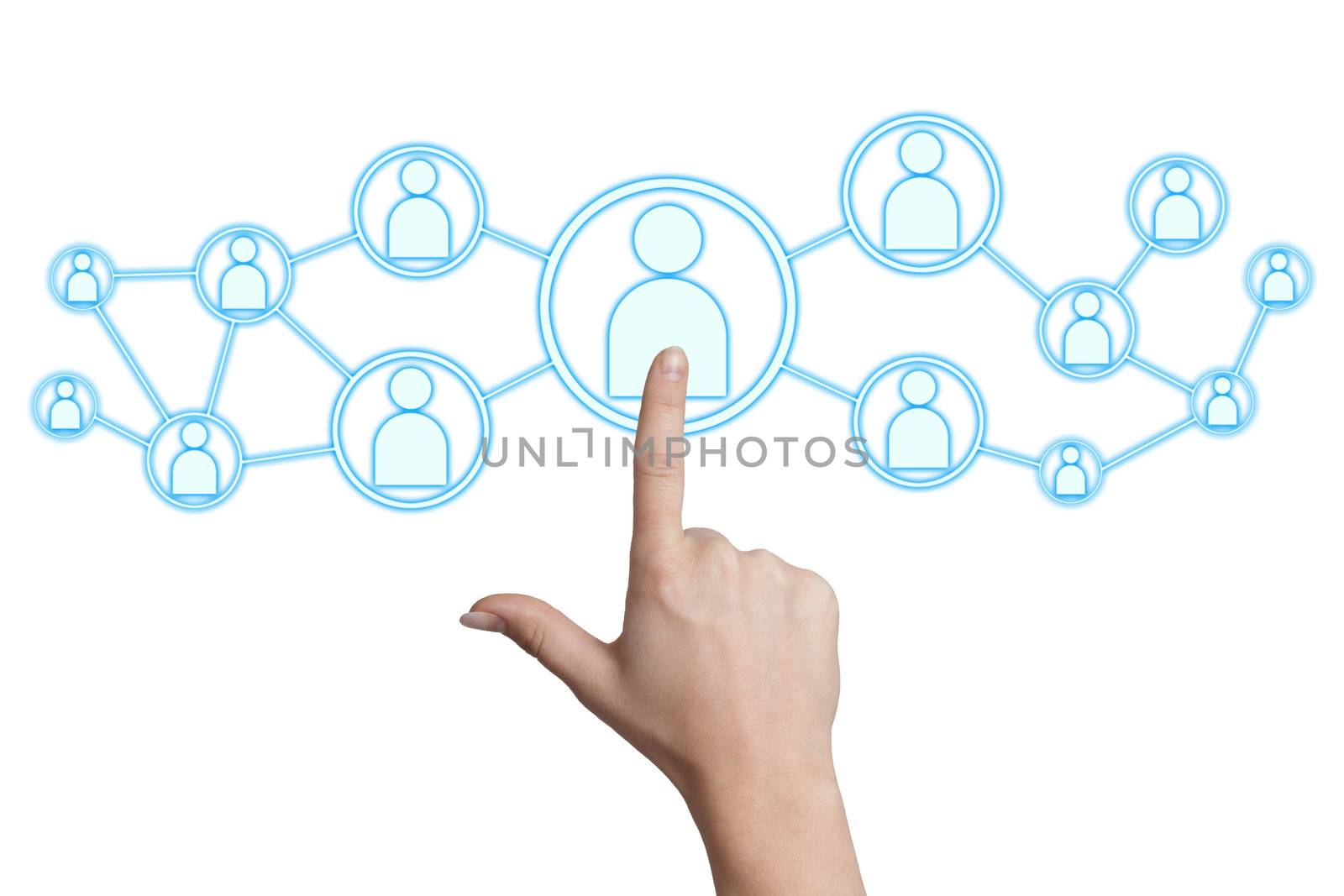 woman hand pressing social media icon on white background