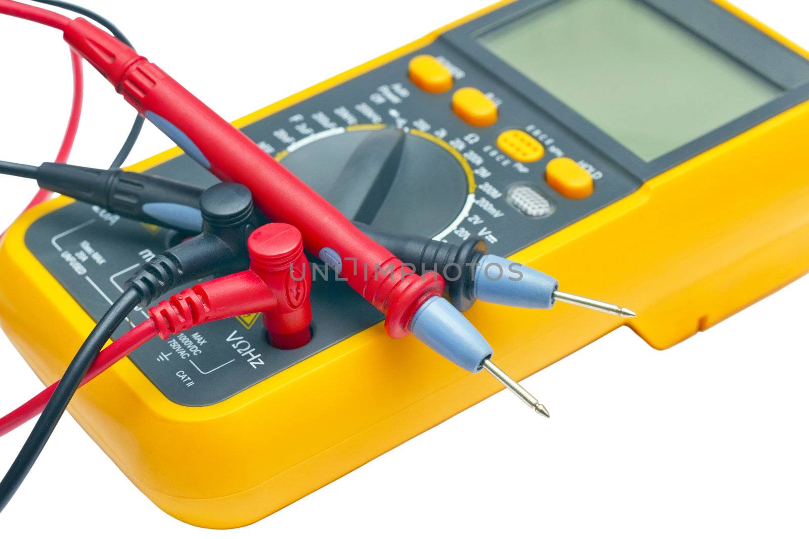 Digital yellow multimeter isolated on white background