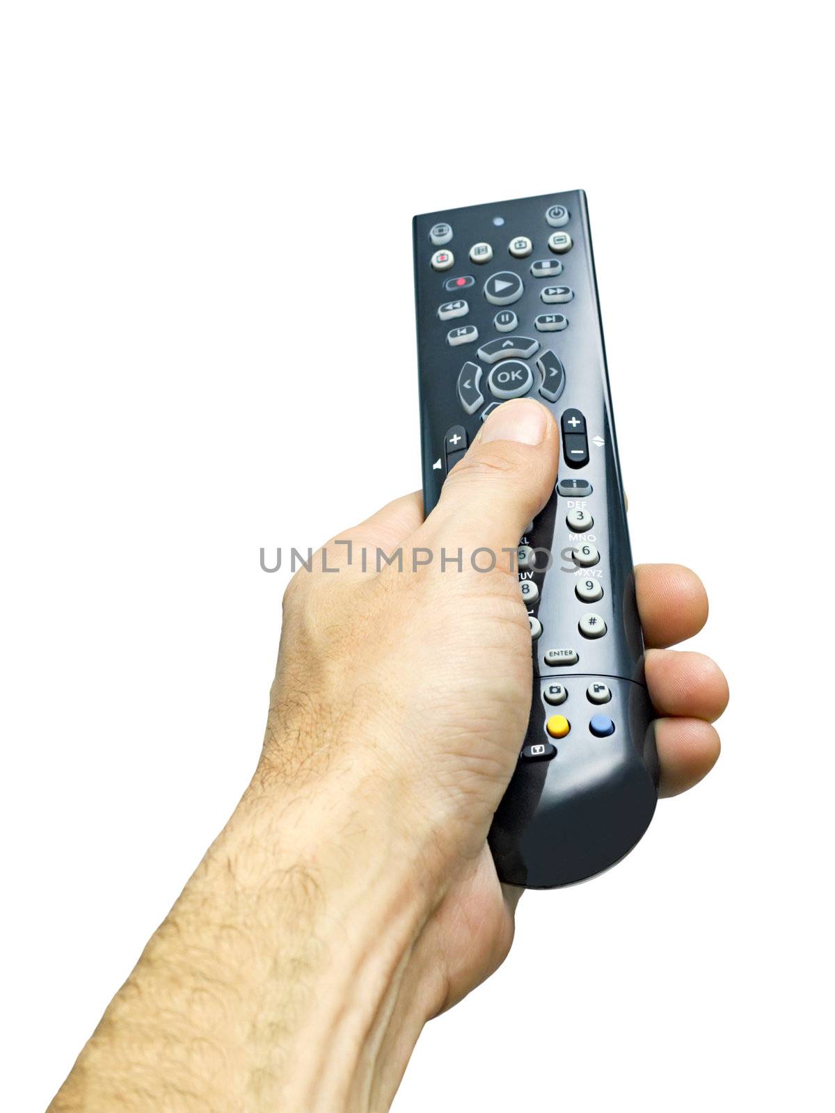 remote control in man's hand isolated on white background