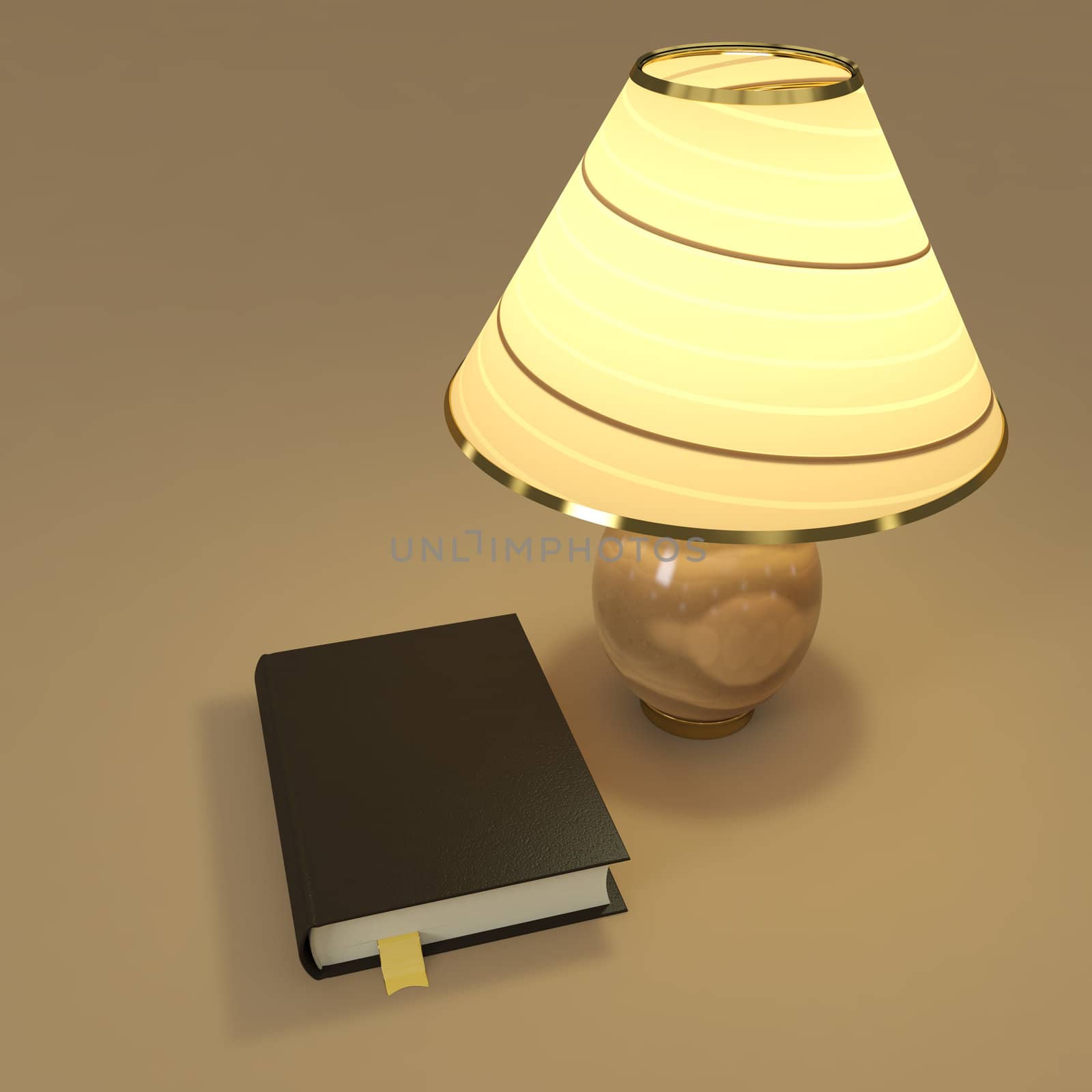 Nameless book near lighting table lamp. 3d render.