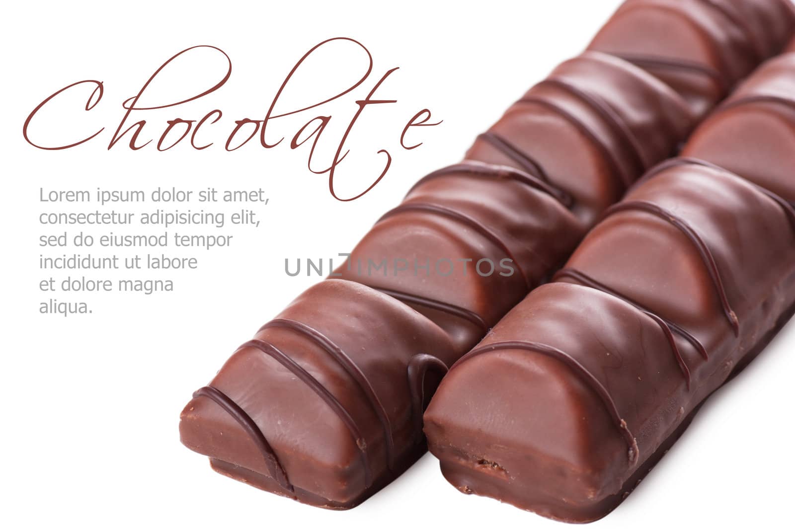 Closeup view of chocolate bar over white background
