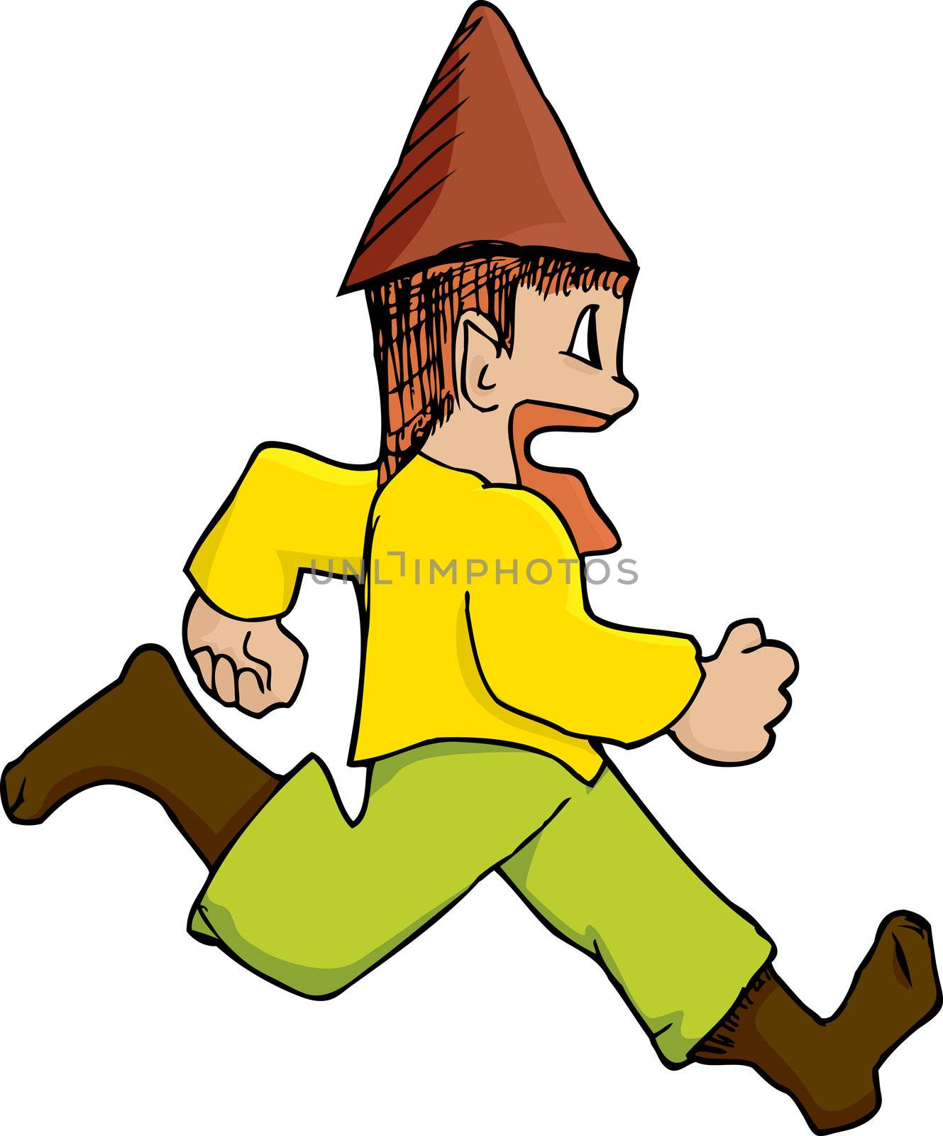 Cartoon of male gnome running over white background