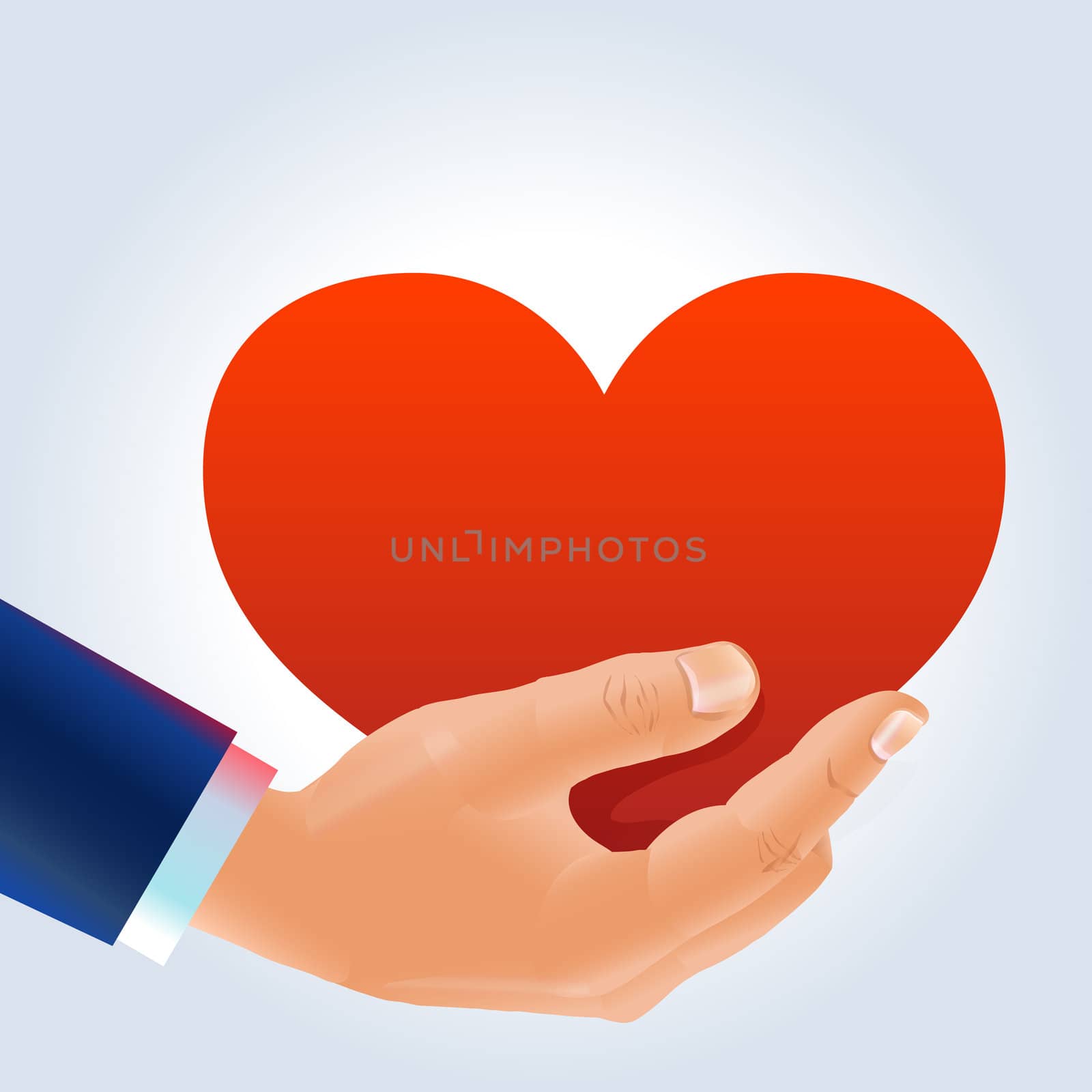 Strong male's hand in a dark blue jacket sleeve holds big bright red heart shape as a symbol of relations, love, romance, dating