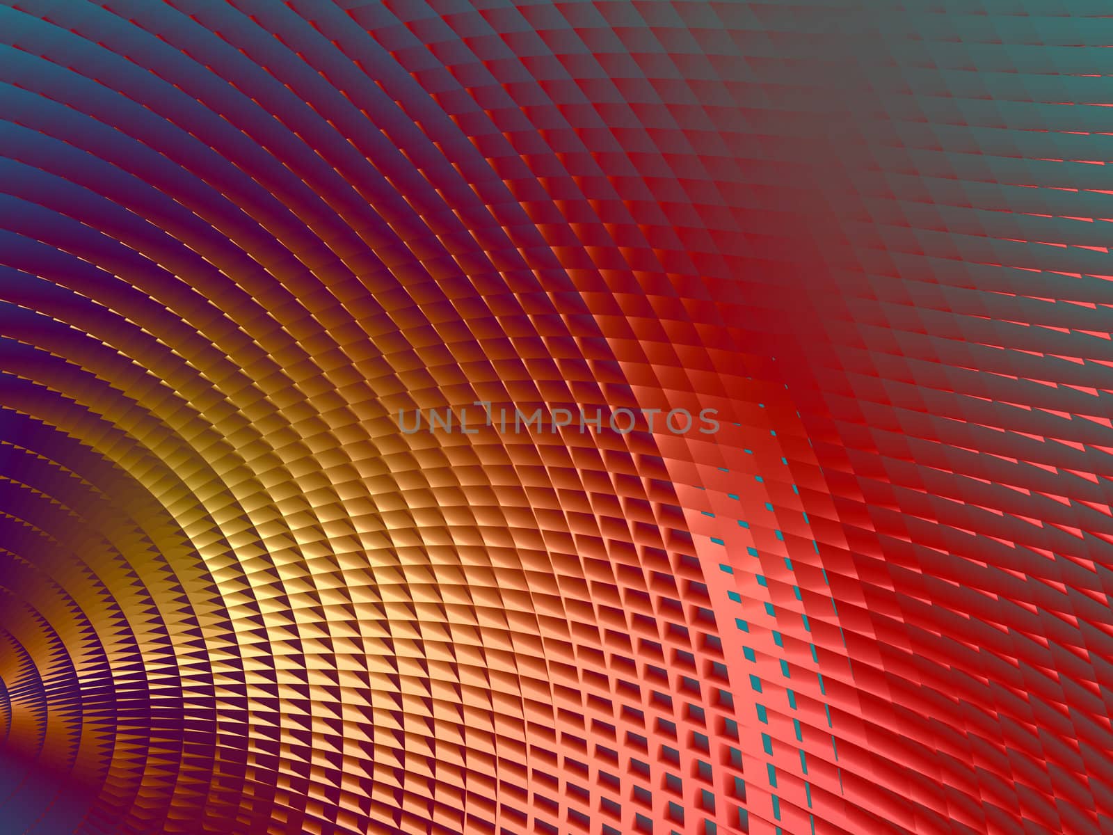 Rendering of section of metallic three dimensional circular mesh suitable as a background screen