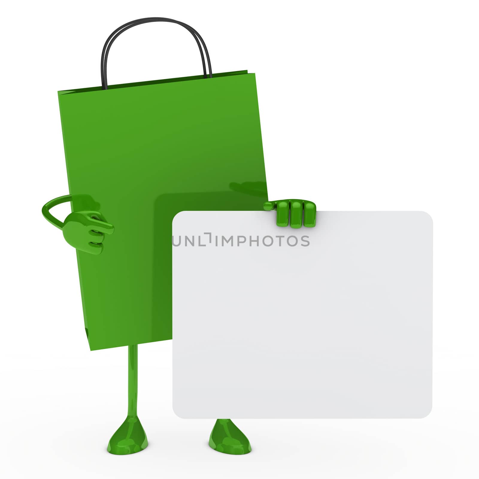 green sale bag hold a white billboard
