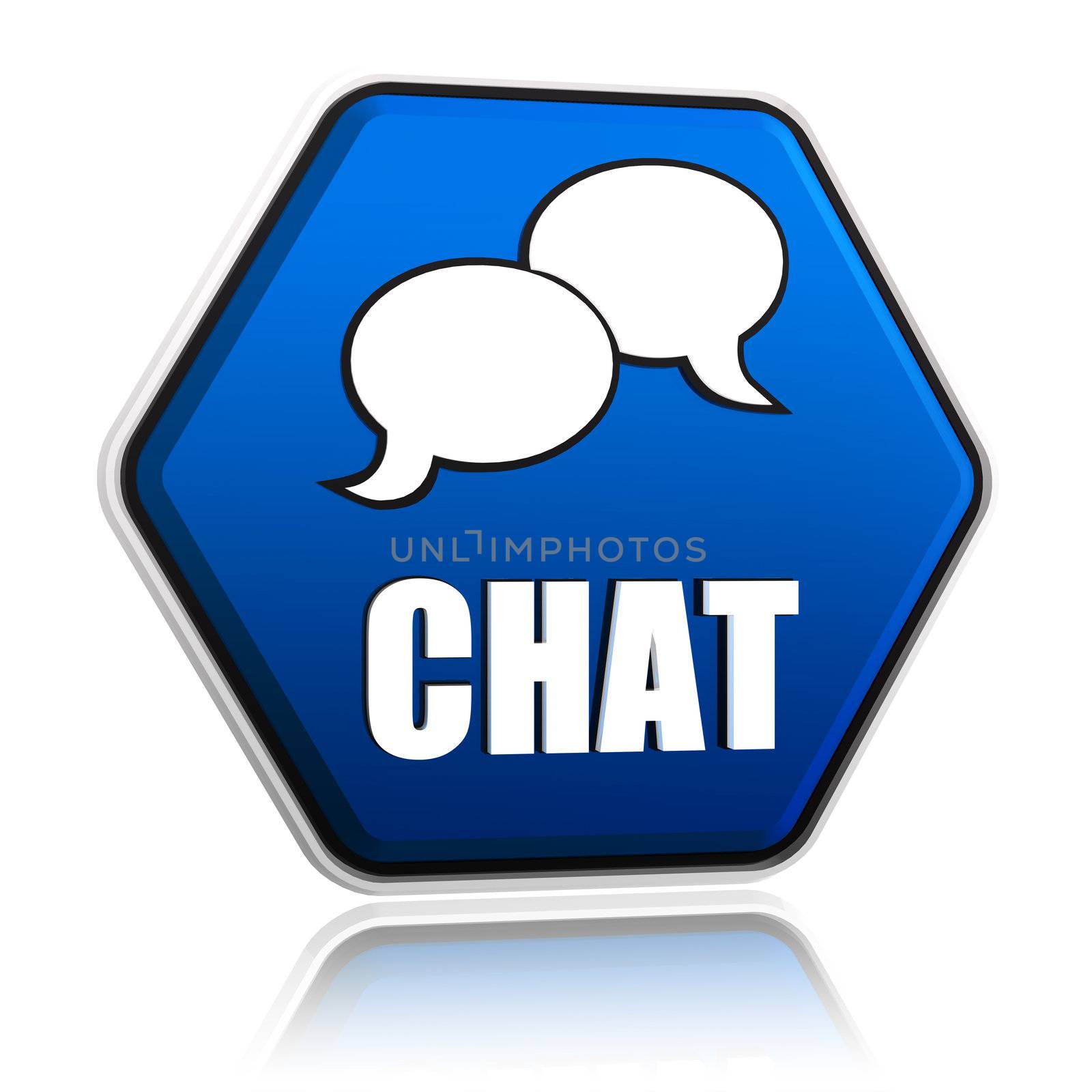 chat with speech bubbles sign in blue hexagon button by marinini